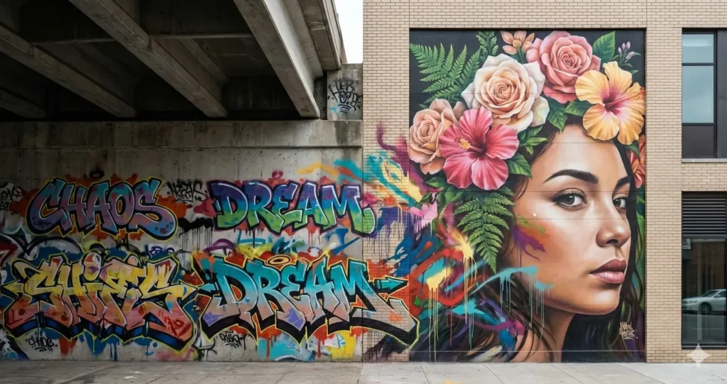 Graffiti vs street art comparison — raw wildstyle lettering on the left and a polished street art mural on the right