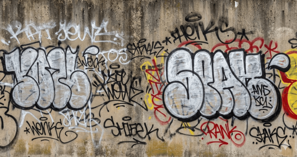 Graffiti tags and throw-ups on a concrete wall showing classic letter-based street writing