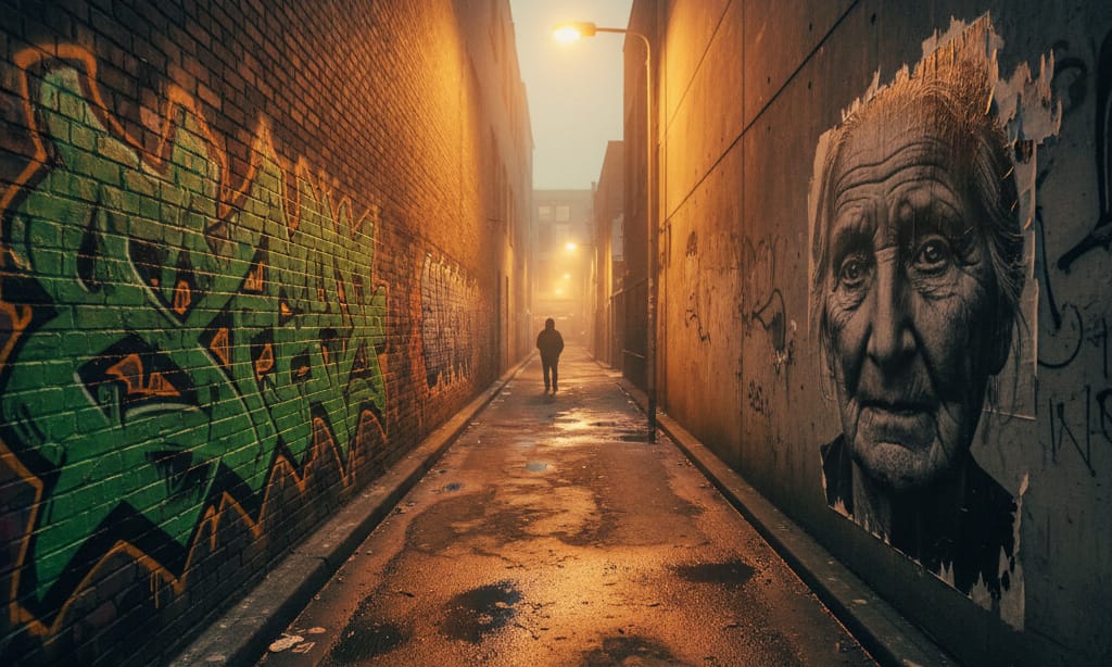 Graffiti and street art coexisting on opposite walls of an urban alley showing both art forms in their natural habitat