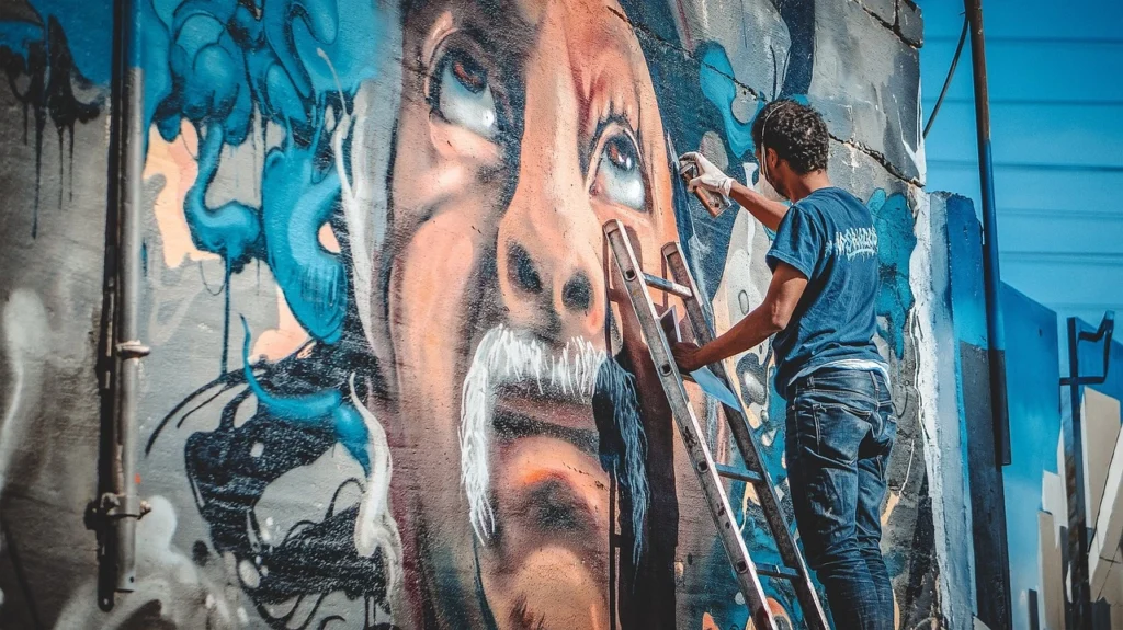 Street art festival showing both graffiti writers and mural artists working side by side