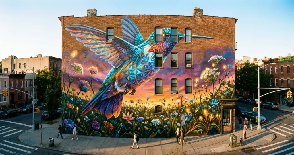 Large-scale street art mural on a building facade showing the difference between graffiti and street art