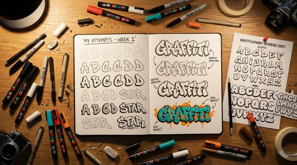 Beginner workspace for learning how to draw graffiti with sketchbook, markers, and alphabet reference sheets