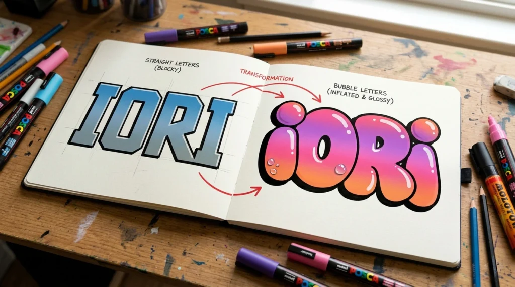 How to draw graffiti bubble letters: progression from straight to inflated rounded forms in a sketchbook