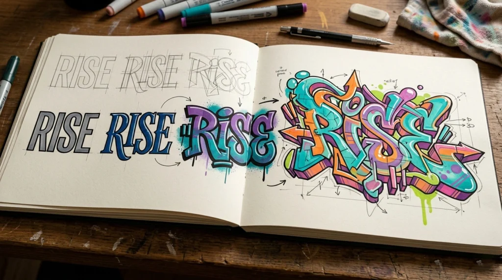 How to draw graffiti wildstyle: sketchbook showing the progression from straight letters to full wildstyle