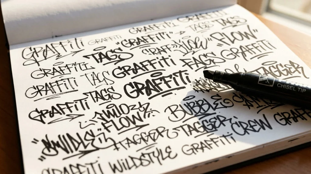 Sketchbook page filled with graffiti tag practice showing how to draw graffiti through repetition