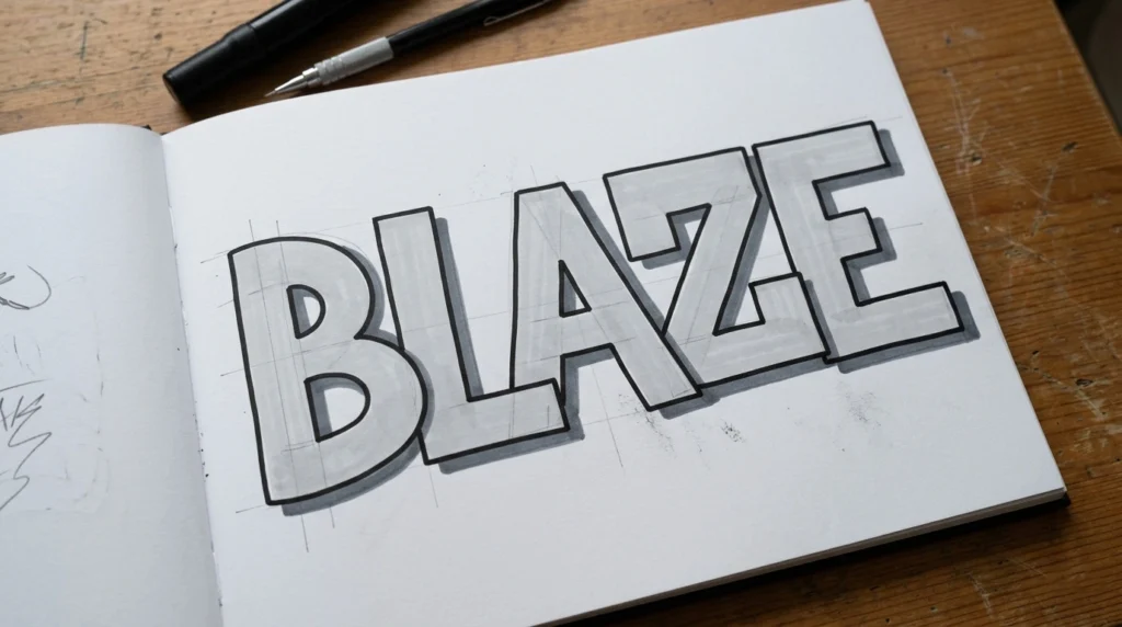 Straight letter graffiti piece in a sketchbook showing how to draw graffiti with clean block letters